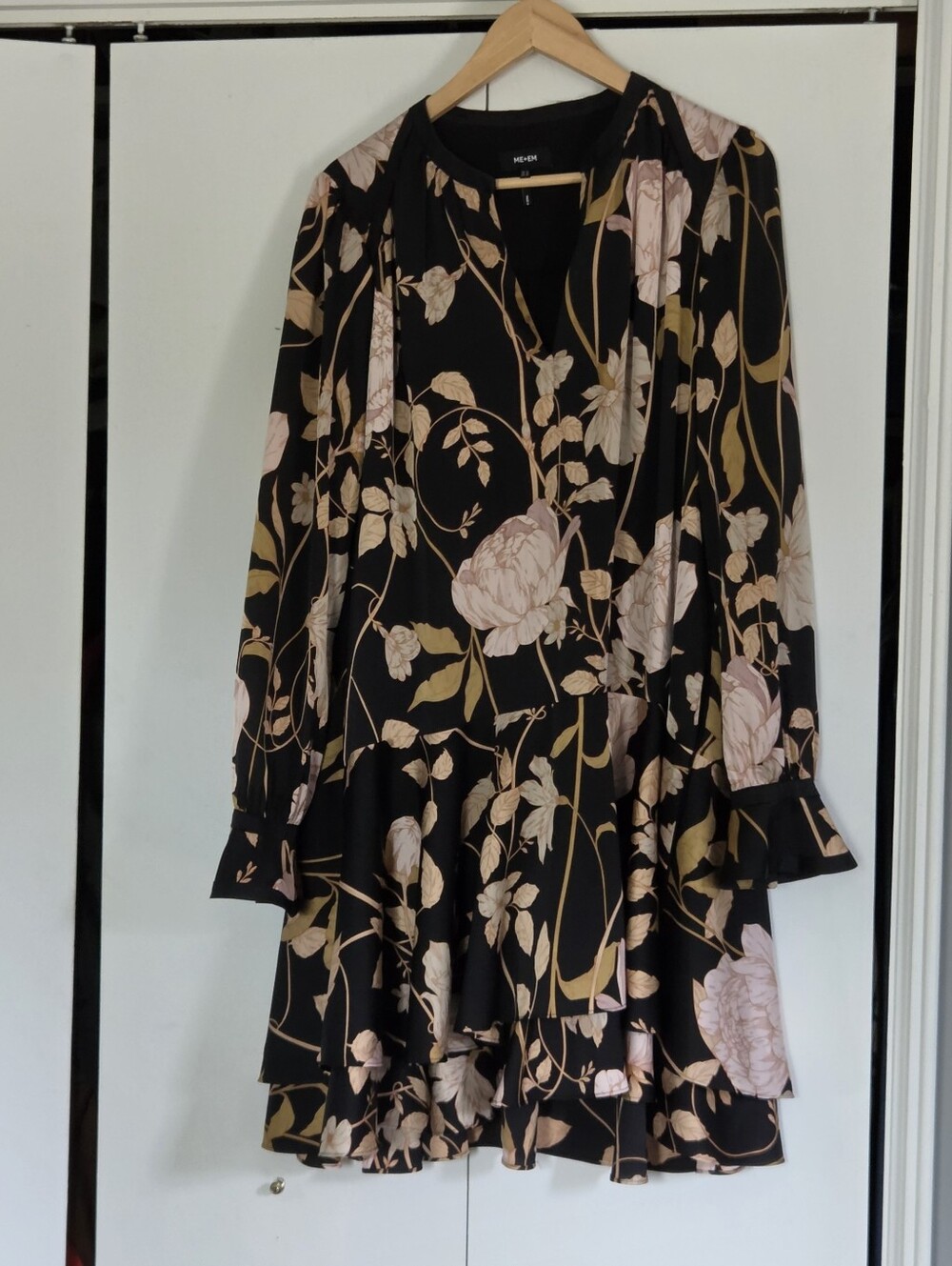 ME+EM Black Long-Sleeve Floral Tiered Dress with Blush & Gold Accents
